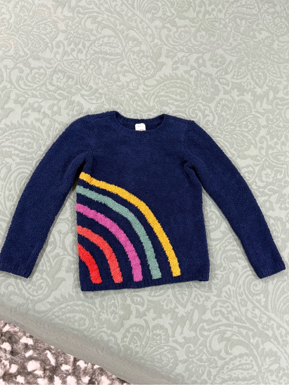 Hanna Andersson Girls Navy Rainbow Plush Fuzzy Sweater Size 8